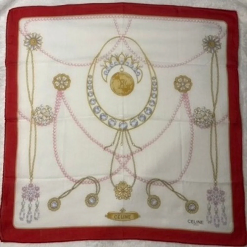 Vtg CELINE Scarf Handkerchief Jewelry Pearl Motif Red White 18